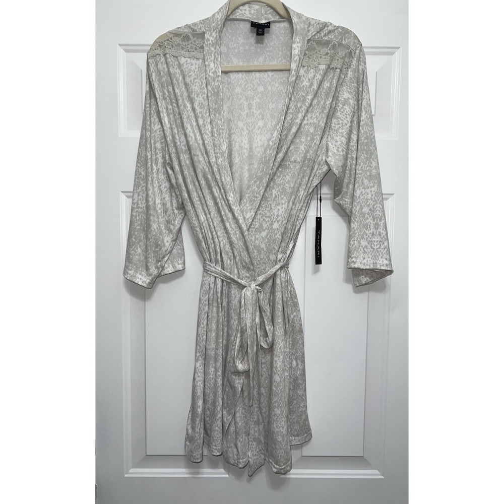NWT TAHARI Women's Lightweight Short Bathrobe Pockets Lace Gray Large Loungewear